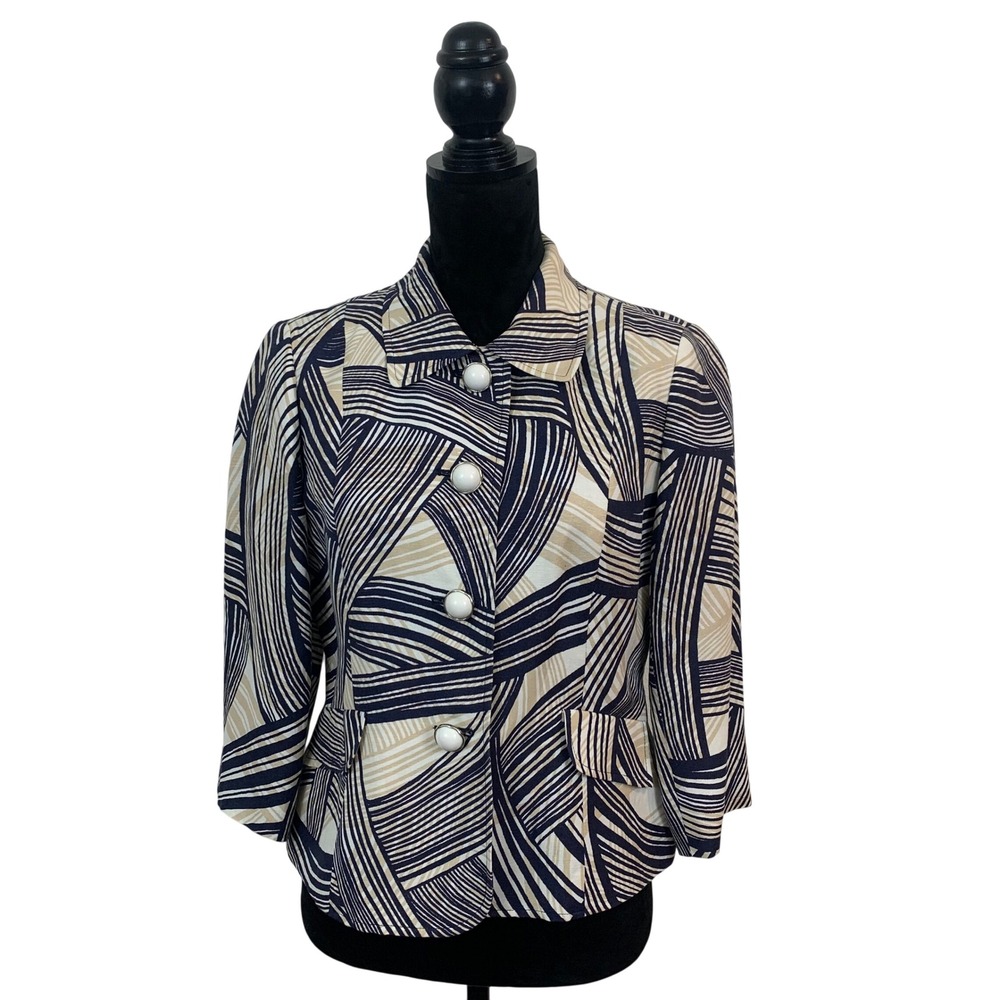 Kasper Petite Womens 10P Blazer Navy Tan Abstract Geometric Linen Blend Jacket‎